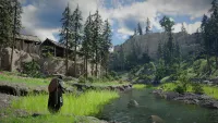 The hero has a fishing pole and has cast. His line rests against the surface of a shallow stream. Trees rise in the background.