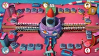 Players run around a screen, pressing buttons in an apparent attempt to launch a rocket from the container at the center.