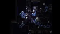 In an overhead view of a dungeon, characters wander a dungeon with tendrils of blue and white energy coursing through the corridors.