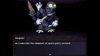 A character holding scissors and medical implements greets you by saying the shipment of spare parts has arrived. He looks unkind.
