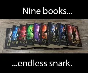 Nine urban fantasy novels lined up against a wood grain background.